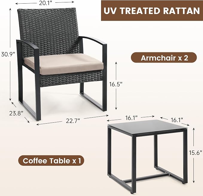 3 Piece Wicker Patio Bistro Set, Rattan Conversation Set - Image 6