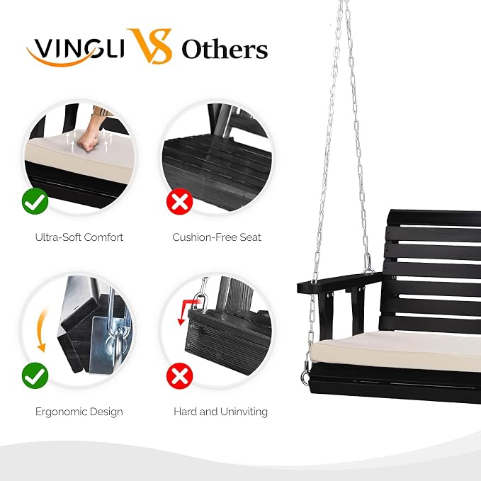 VINGLI Wooden Porch Swing, Heavy Duty 880 LBS Hanging Patio Bench - Image 2