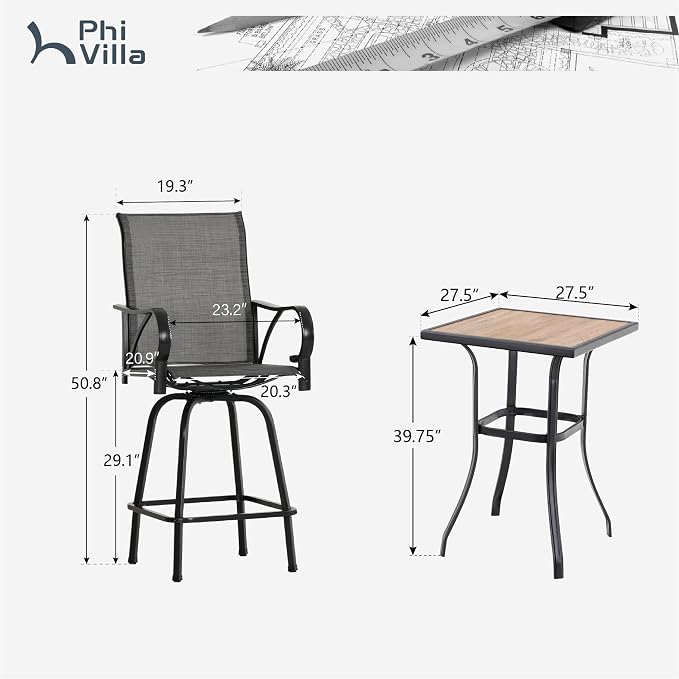PHI VILLA Outdoor Patio Swivel Bar Set of 3, Textilene Furniture Bistro Set - Image 9