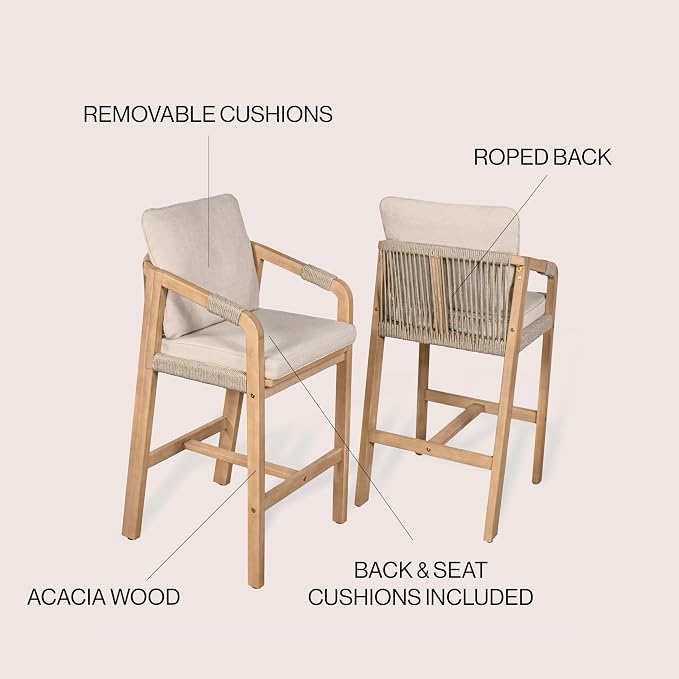 JONATHAN Y BSL1200A-SET2 Porto Modern Coastal Tub Roped Acacia Wood Outdoor Bar - Image 4