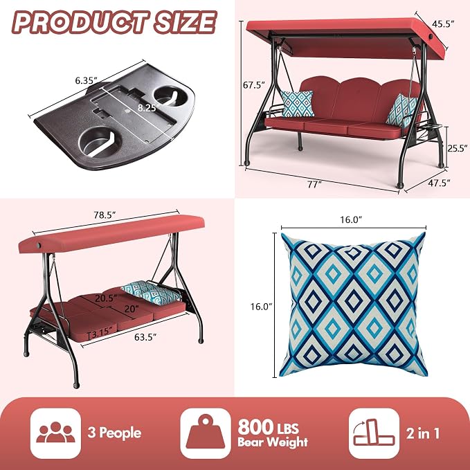 3 Seat Outdoor Porch Patio Swing - Image 7