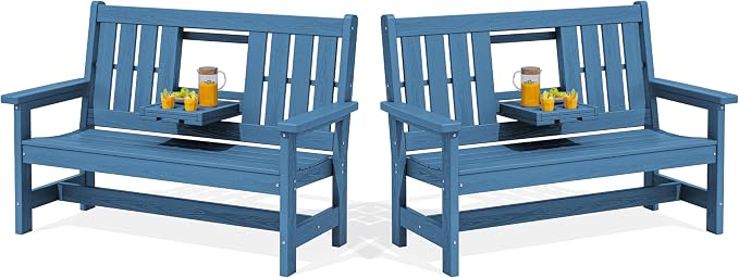 SERWALL Outdoor Bench with Cup Holder, All Weather Patio Benches with High by SERWALL