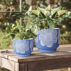 YBX 8 Inch + 6 Inch White Flower Pattern Plant Pots, Sand Glazed Ceramic Planter - Image 3