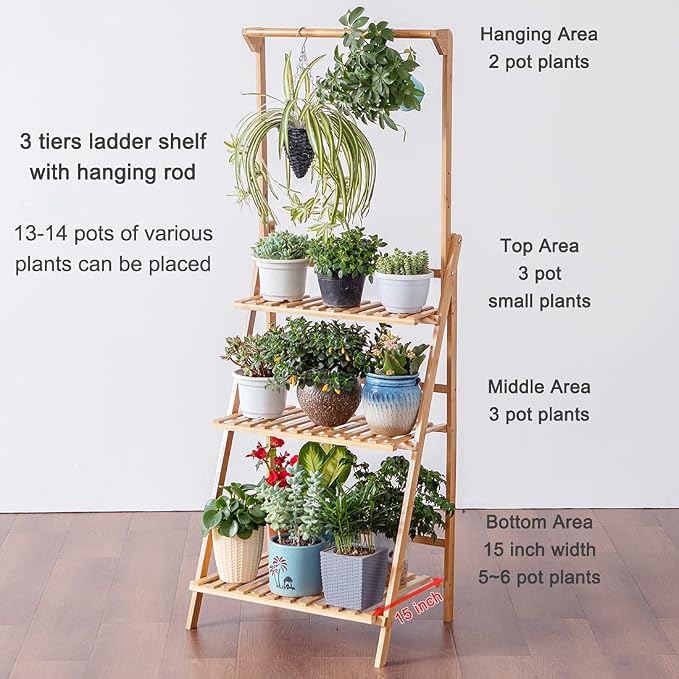COPREE Bamboo 3-Tier Hanging Plant Stand Planter Shelves Flower Pot Organizer - Image 3