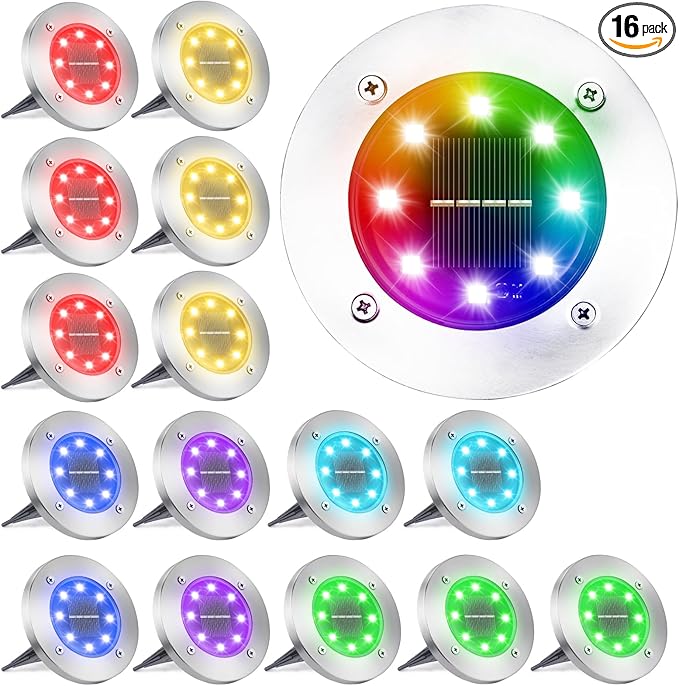 LYHOPE Solar Ground Light Outdoor, 16 Pack 8 LED Color Changing Solar Disk by LYHOPE