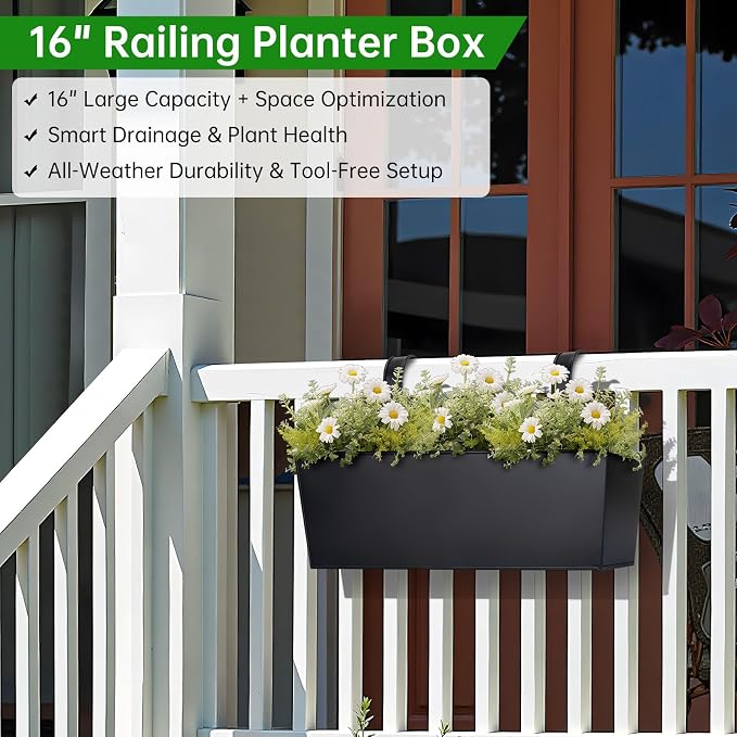 OGIMA 16-Inch Railing Planter Box, 3 Pack Large Hanging Planters - Image 2
