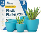 Blue Plant Pots with Drainage Holes & Saucers 15 Pack, Indoor & Outdoor by LIFEMASTER