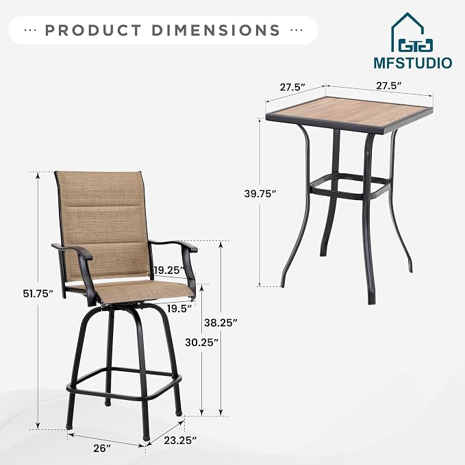MFSTUDIO 3 Piece Outdoor Swivel Bar Set, Outdoor Bar Table and Chairs Set - Image 7
