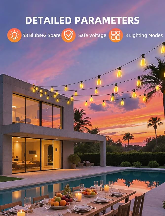 Outdoor Patio String Lights 150ft: ST38 LED Shatterproof Bulbs 3 Modes Button - Image 6