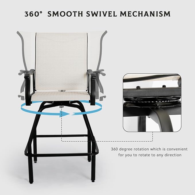 LEVELEVE Patio Bar Set 2pcs Swivel Bar Stools Outdoor Bistro Textilene - Image 4