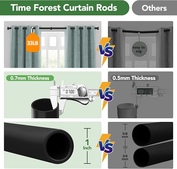 2 Pack Curtain Rods for Windows 66 to 120, 1 Inch Black Adjustable Heavy Duty - Image 8