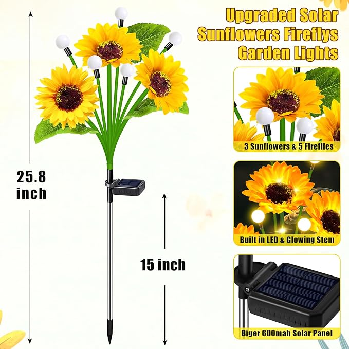 6 Pack Sunflower with Firefly Lights, Solar Lights Outdoor Garden Decor - Image 3