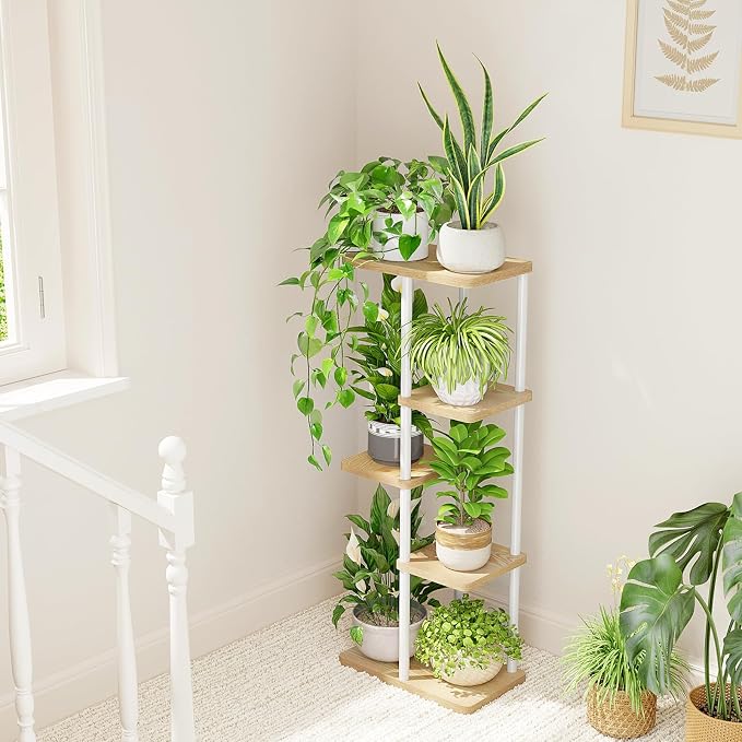 Bamworld Corner Plant Stand Indoor 5 Tier white Plant Shelf - Image 3