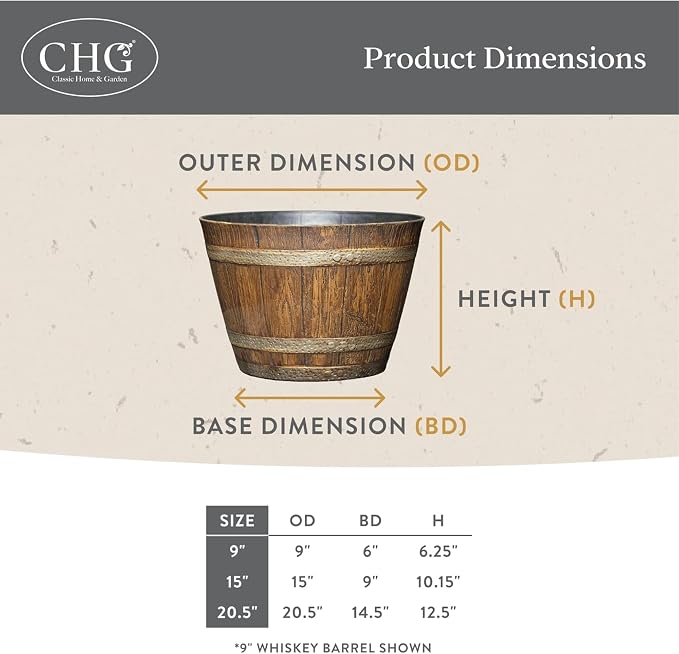 Classic Home and Garden Outdoor Round Whiskey Resin Flower Pot Barrel Planter - Image 5