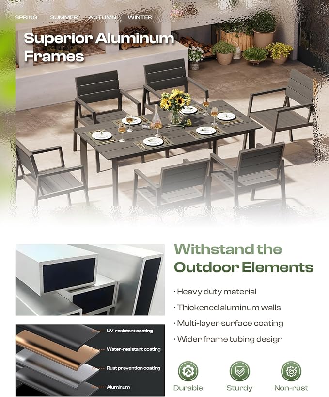 Aluminum Outdoor Dining Set for 6, Patio Table and Chairs Set - Image 4