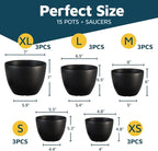 Black Plant Pots with Drainage Holes & Saucers 15 Pack, Indoor & Outdoor - Image 2