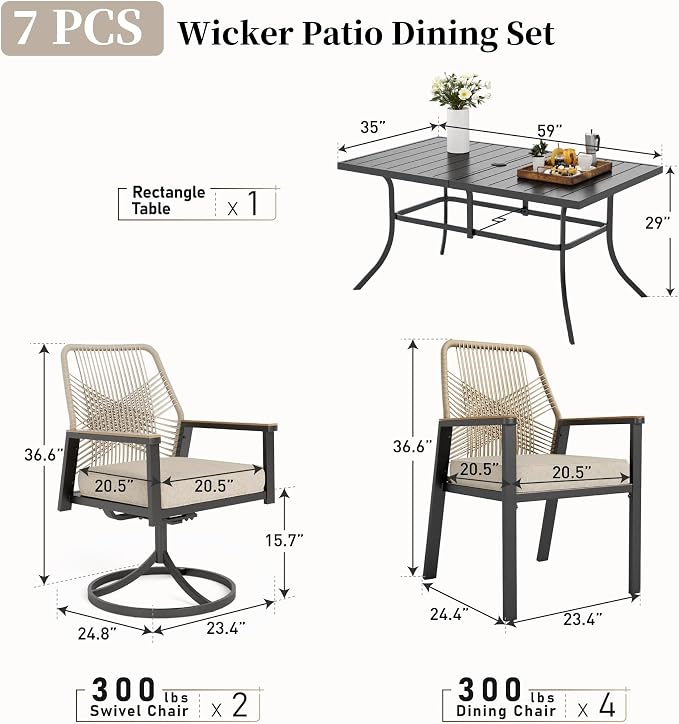 Patio Dining Set 7 Piece, 4 Woven Rattan Fixed Chairs and 2 Swivel Chairs - Image 3