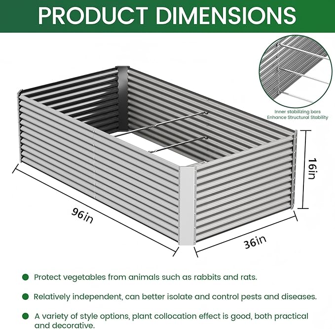 FRIZIONE 2pcs Tall 8x3ft Galvanized Raised Garden Bed Outdoor, Above Ground - Image 3