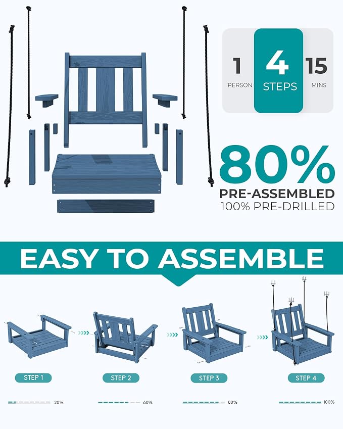 SERWALL HDPE Single Porch Swing Set of 2, Heavy Duty Single Person Swing Chair - Image 8
