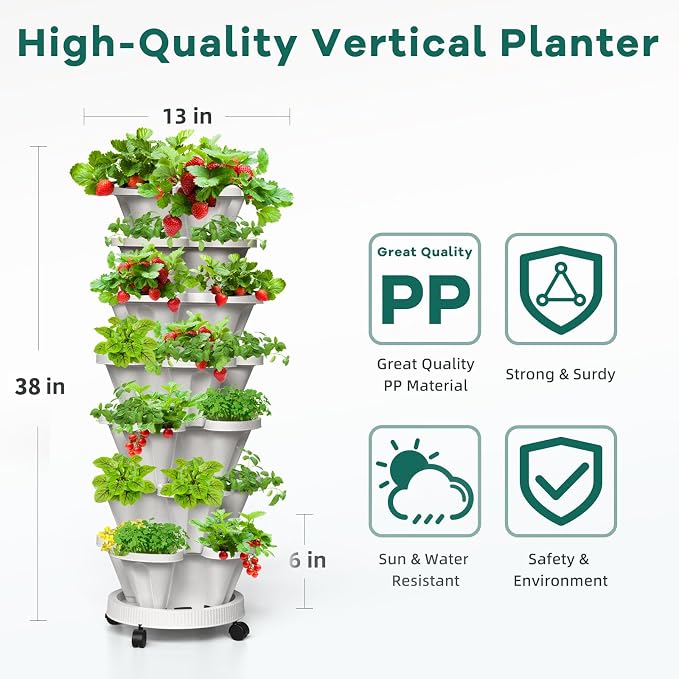 7 Tiered Strawberry Vertical Planter Tower Garden 3 Pack, Stackable Planter - Image 2