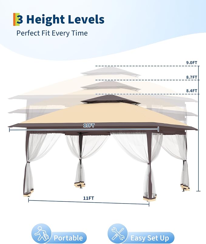 Canopy Tent 13x13 ft, Pop Up Gazebo One-Push Setup - Image 4