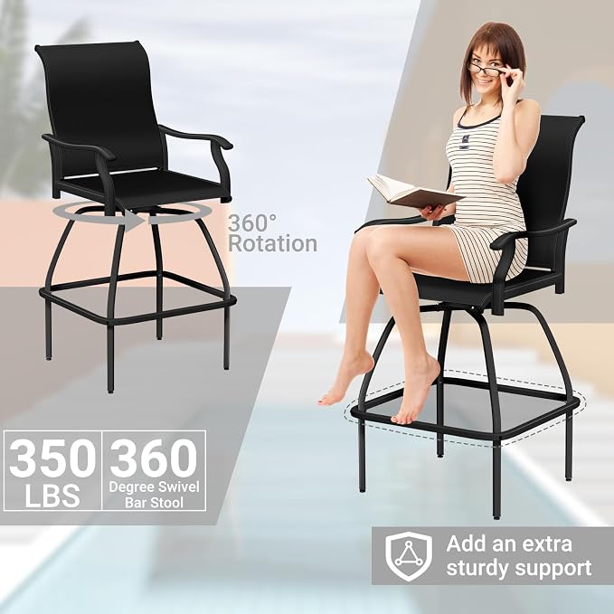 LEVELEVE Patio Bar Set 4pcs Swivel Bar Stools Outdoor Bistro Textilene - Image 4