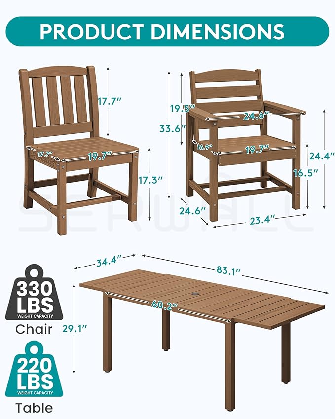 SERWALL 7-Piece Outdoor Dining Set, All Weather HDPE Outdoor Furniture Set - Image 3