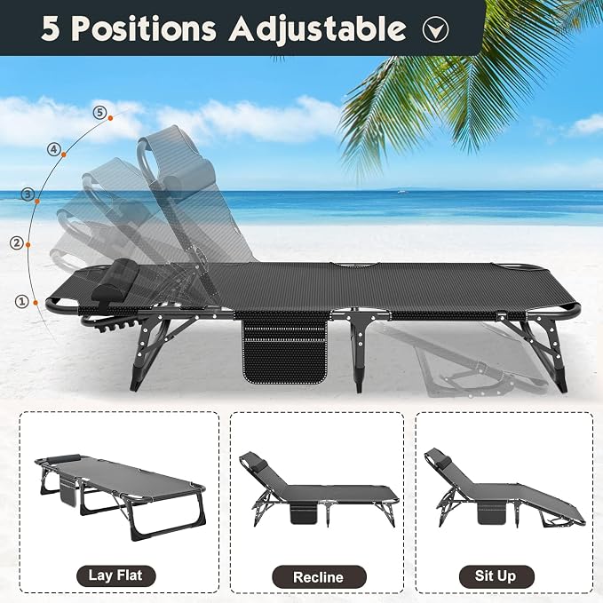 MOPHOTO Folding Chaise Lounge Chair 5-Position, Folding Cot, Heavy Duty Patio - Image 4