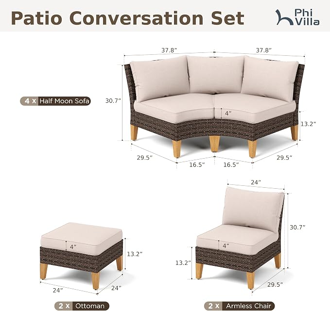 PHI VILLA 8-Piece Wicker Patio Furniture Set, Outdoor Half-Moon Curved - Image 2