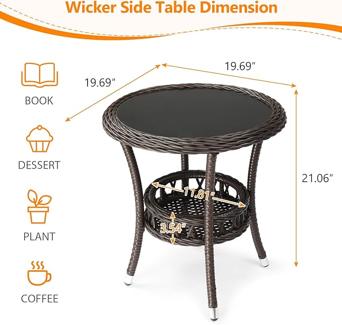 VINGLI Outdoor Wicker Side Table, Patio Side Tables - Image 3