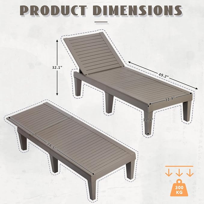 Outdoor Chaise Lounge Set of 4, Lightweight Patio Chairs, Waterproof Sun - Image 3