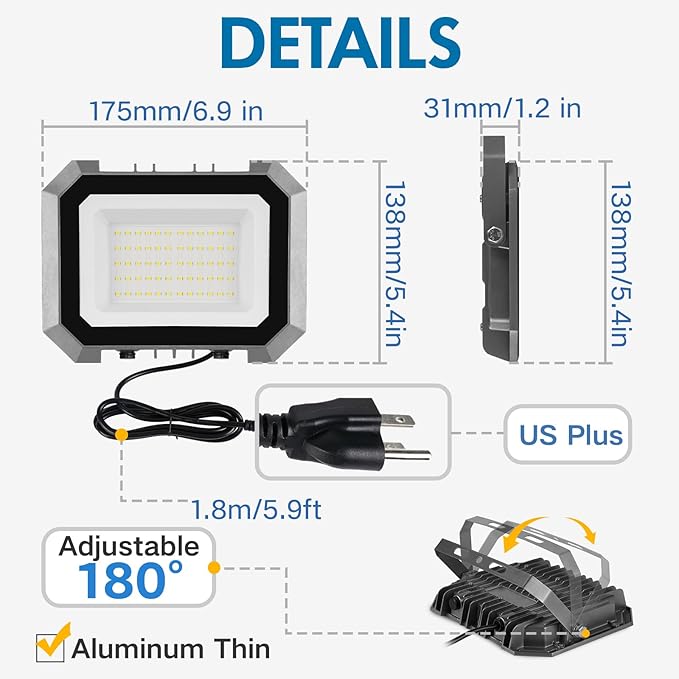 2 Pack LED Flood Lights Outdoor, 50W 5000LM Super Bright Floodlight Outside - Image 4