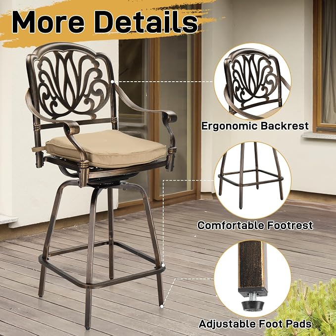 VINGLI 3 Piece Outdoor Bar Set, Cast Aluminum Outdoor Swivel Bar Stools and - Image 3