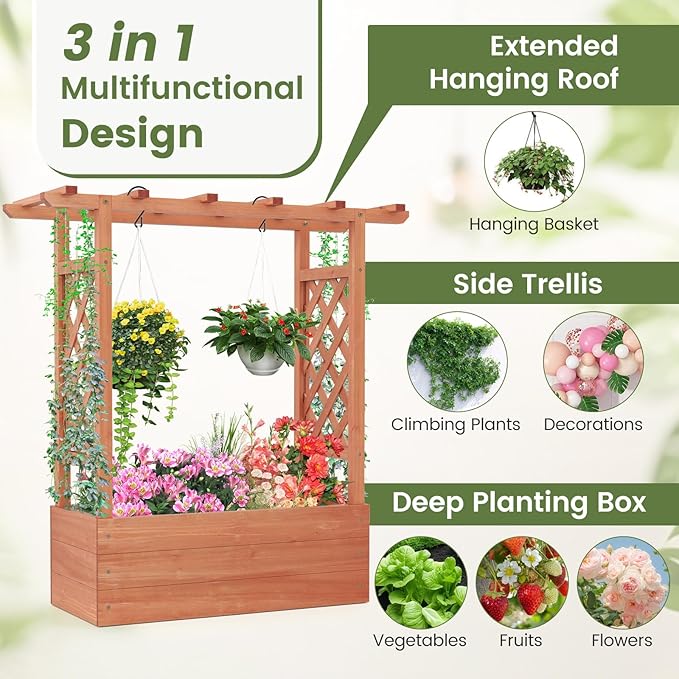 Giantex Raised Garden Bed with 2-Sided Trellis & Hanging Roof, Fir Wood Planter - Image 2
