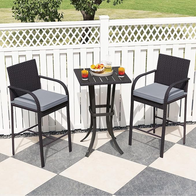 Tangkula 3 Piece Patio Wicker Bar Set, Outdoor Rattan Counter Height Cushioned - Image 3
