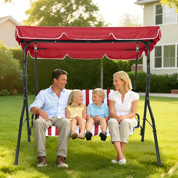 Outdoor Porch Swing Chair with Adjustable Canopy & Striped Seat Cushion - Image 4