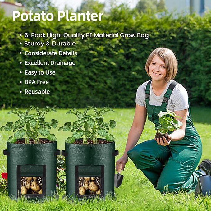 6 Pack Potato Grow Bags, 10 Gallon Planting Bags Durable PE Vegetable Planter - Image 7