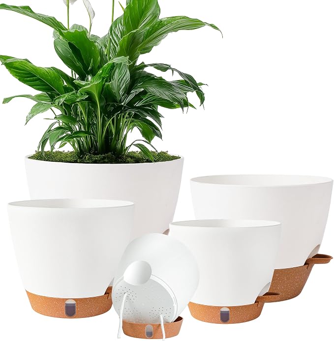 Self Watering Pots for Inoor Ourdoor Plants 10/9/8/7/6.5 Inch Plastic Planters by Fielda