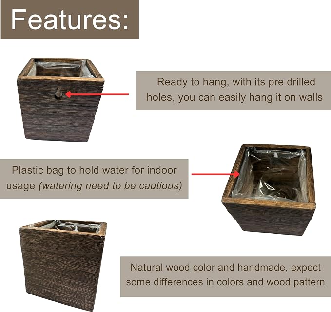 LaLaGreen Wood Planter Boxes Small Square Wooden Wall Mounted Flower Pot - Image 3