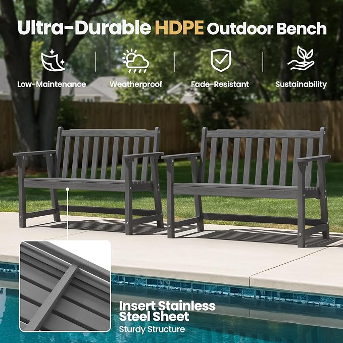 Ciokea 48" Outdoor Bench, HDPE Weatherproof Porch Bench, 2-Person Garden Benches - Image 3