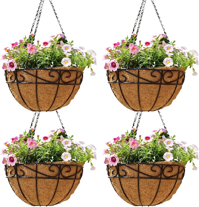 12 inch Metal Hanging Baskets For Plants Outdoor 4 Pack Round Metal Wire by JFFLYIT