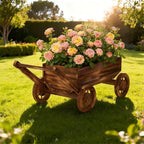 Wooden Flower Cart with Wheels Wooden Wagon Planter Outdoor Garden Planter - Image 2