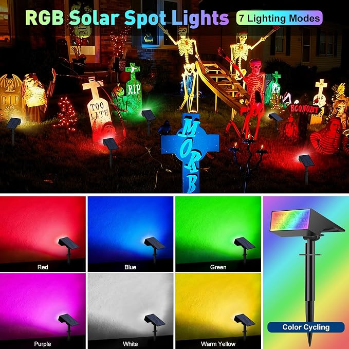 Solar Color Changing RGB Spot Lights Outdoor, 2 Pack/7 Lighting Modes - Image 3