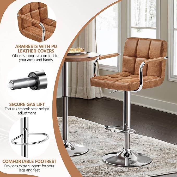 Yaheetech Bar Stools Set of 2, PU Leather Adjustable Swivel Barstools, - Image 6