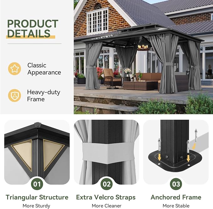 Aoxun 10'x14' Hardtop Gazebo, Aluminum Frame Permanent Pavilion - Image 6