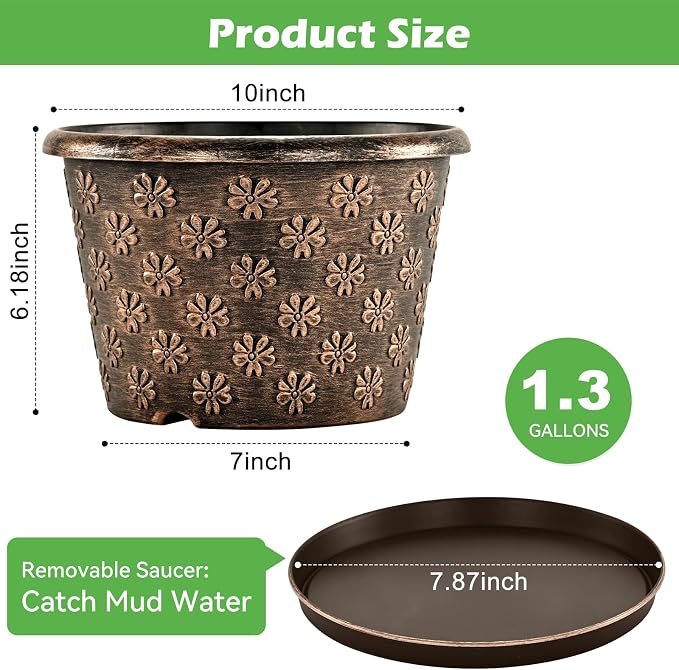 10 Inch Planter Pots for Plants, 4 Pack Plastic Large Flower Pots Indoor Outdoor - Image 3