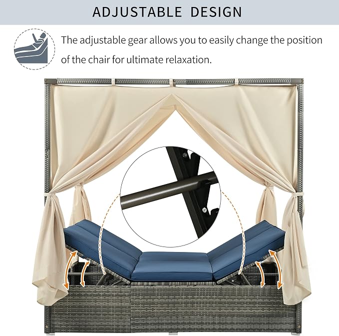 Patio Chaise Lounge, Four-sided Canopy, Overhead Curtain and Blue Cushions - Image 2