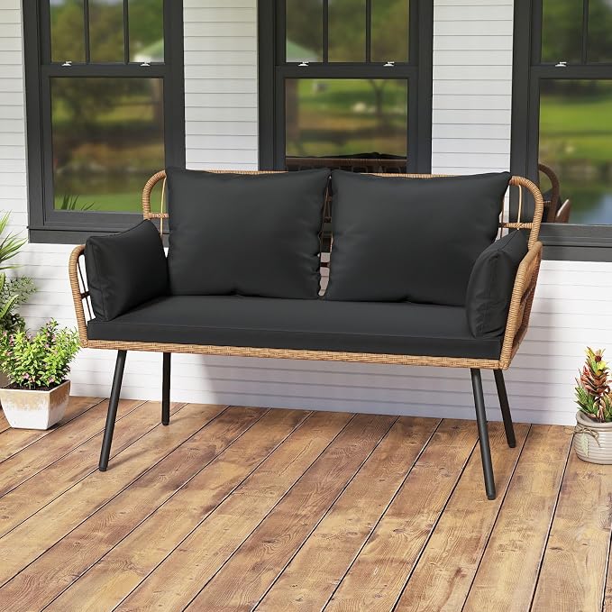Tangkula Patio Wicker Loveseat, Outdoor Rattan 2-Seat Cushioned Sofa - Image 2