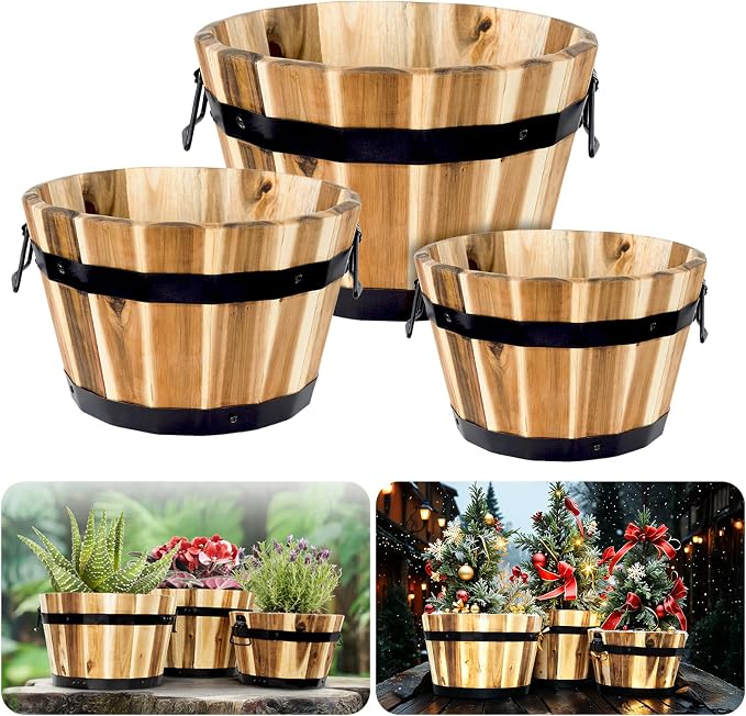 Idzo Set of 3 Wooden Flower Boxes Outdoor, Durable Acacia Wood Barrel Planters by Idzo