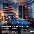 66Ft 200 LED Red White and Blue Fairy Lights Plug in, July 4th Waterproof - Image 3